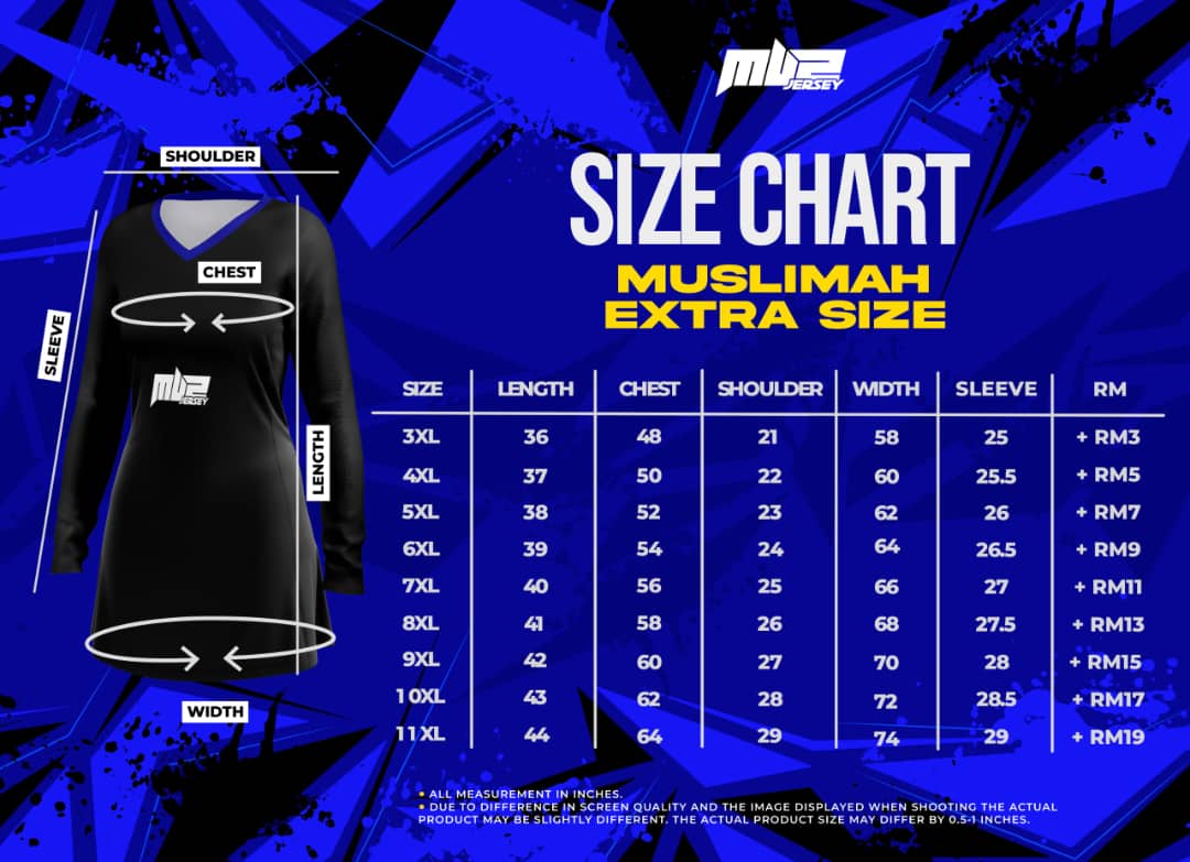 Carta saiz Muslimah 3XL hingga 7XL