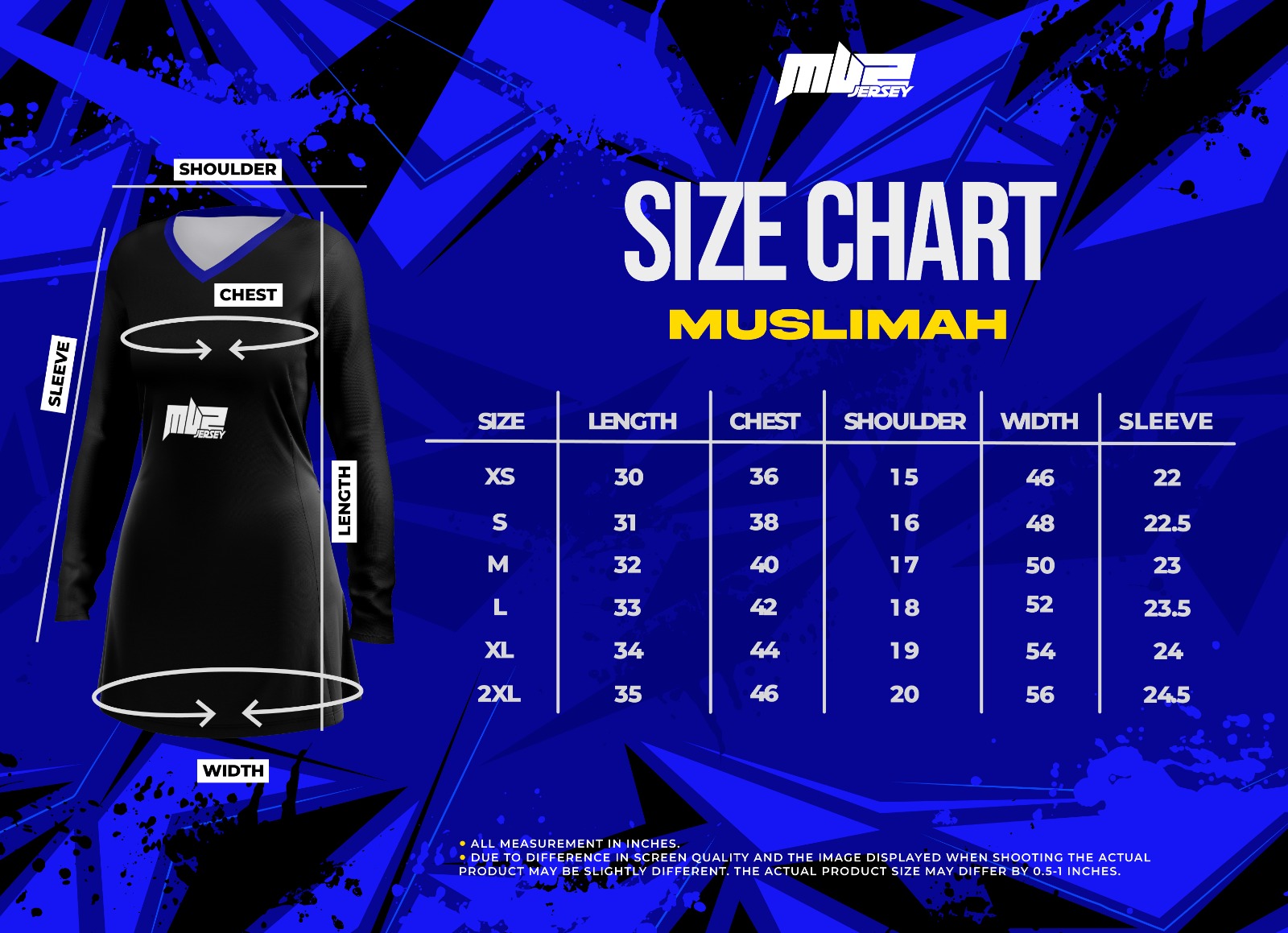 Carta saiz Muslimah XS hingga 2XL