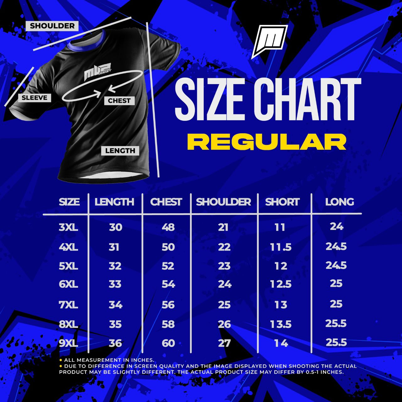 Carta saiz regular 3XL hingga 7XL