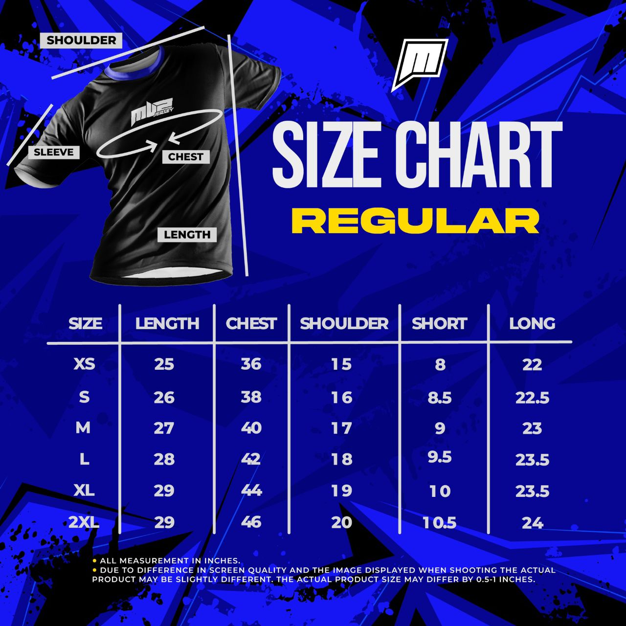 Carta saiz regular XS hingga 2XL